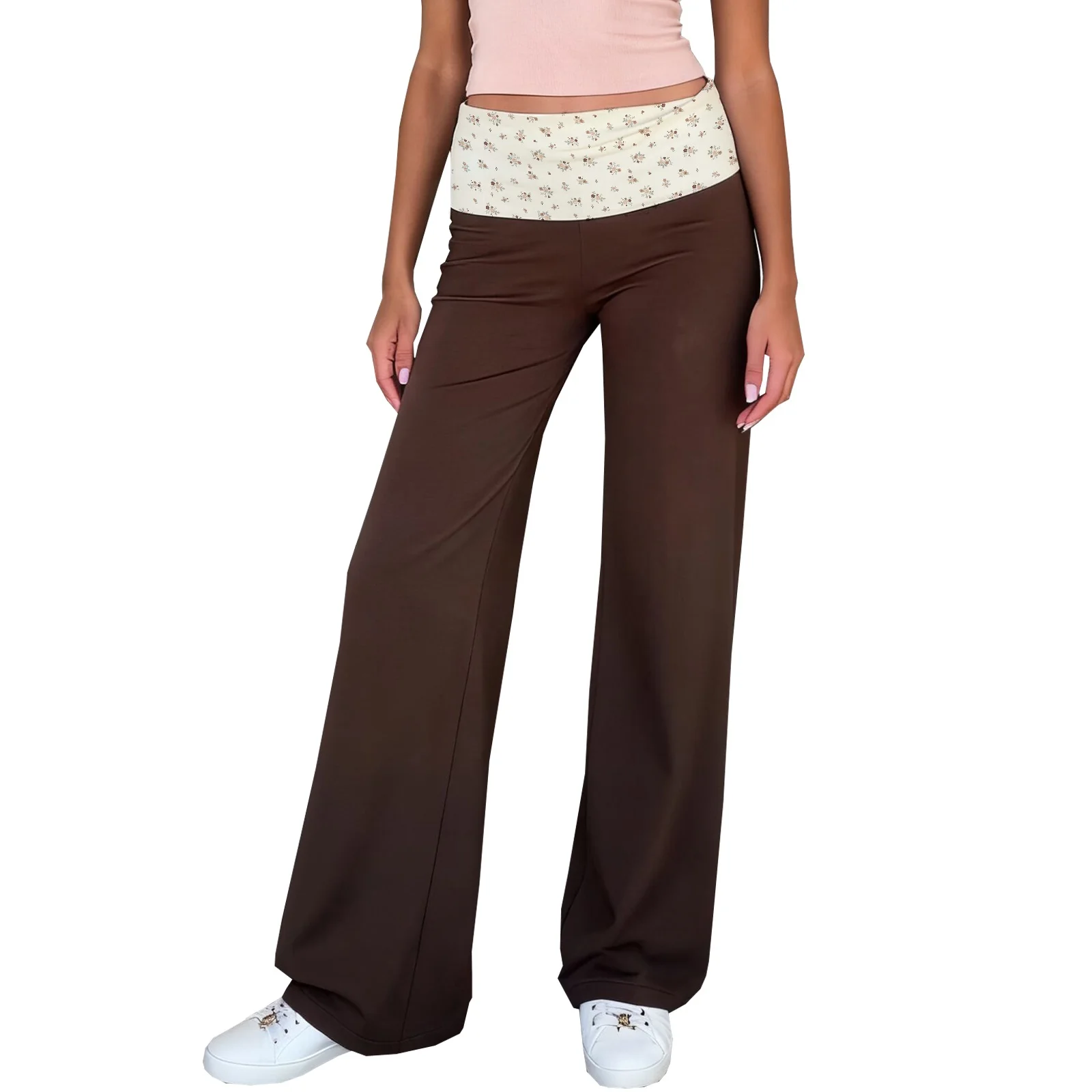 Casual Women's Soft Lounge Pants Floral Print Fold Over Waist Wide Leg Trousers for Vacation Home