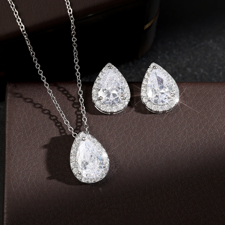 ZAKOL Shinny White Water Drop Cubic Zirconia Jewelry Sets for Women Bridal Wedding Teardrop Earrings Necklace Bracelet Set