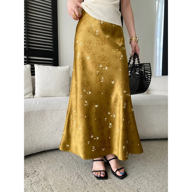 Chinese Style Style Elastic High Waist Satin Skirt Golden Yellow Skirt With White Butterfly Printed High Waist For Women LD00