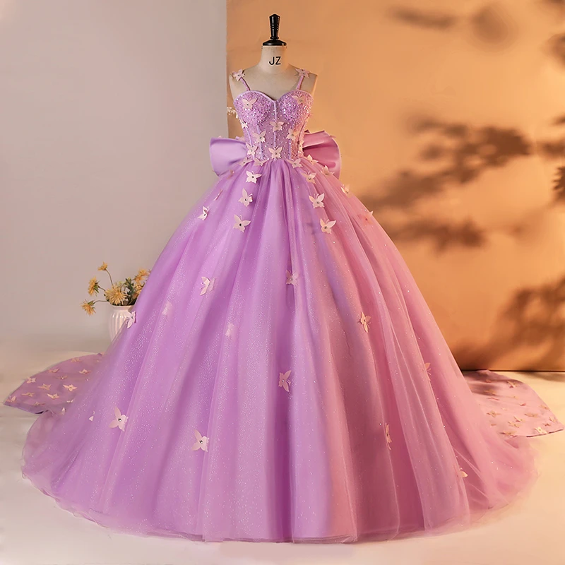 

Spaghetti Strap 15 Quinceanera Dress Lace Appliques Beads Big Butterfly Lacing Up Ball Gown Birthday Party Dress Customized