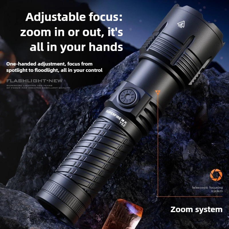 ไฟฉายระยะไกลพิเศษ 750 ม. 15 วัตต์ ปรับโฟกัสได้ แสงความเข้มสูง แบตเตอรี่ 5000mAh/26650 ความจุสูง ช่องเสียบ Type-C