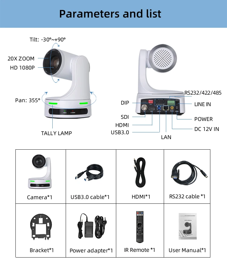 2024 Hot Sales NDI HX Ptz Camara 12x 20x 30x Optical Zoom HDM1 SDI USB3.0 Live Streaming Video Conference Profesional Ptz Camera