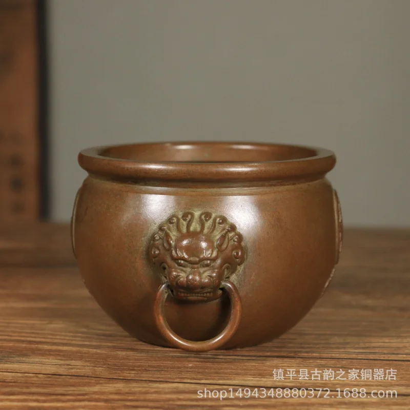 Pure Copper Head Double Lion Ear Antique Brass Cylinder Ornament Office Living Room Shop Study Desktop Orna