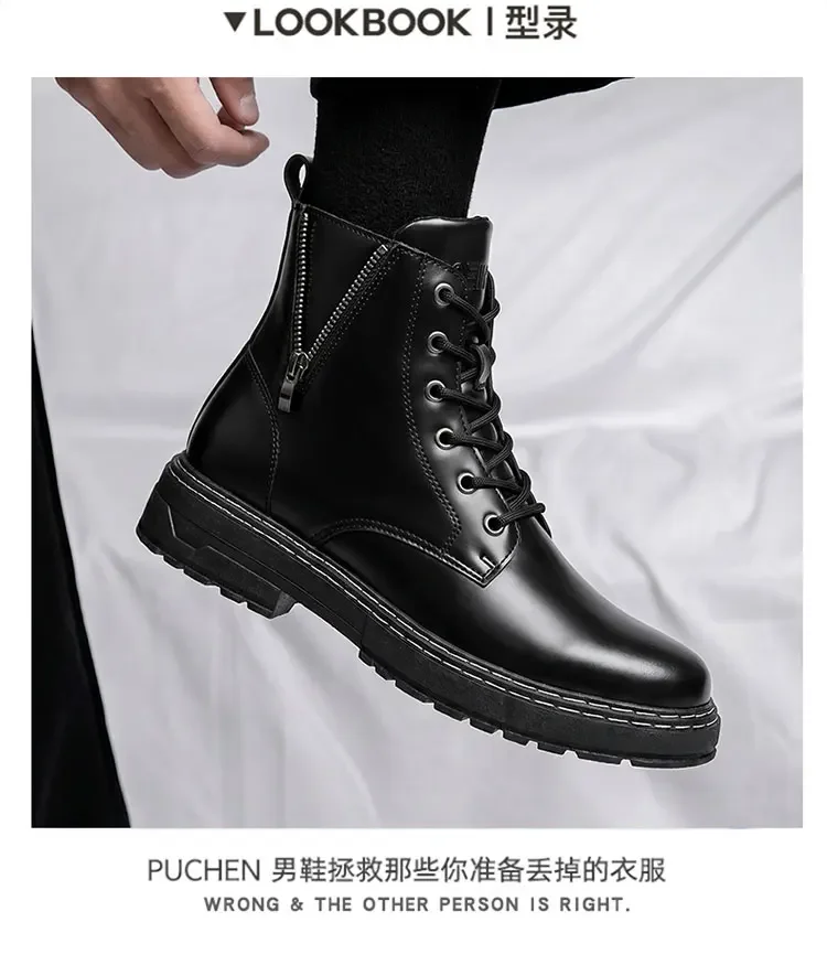Herren High-Top-Stiefeletten, seitlicher Reißverschluss, dicke Sohle, rutschfeste Kunstlederstiefel, Freizeitschuhe für den täglichen Pendelverkehr und Spaziergänge auf der Straße. – Detail 3