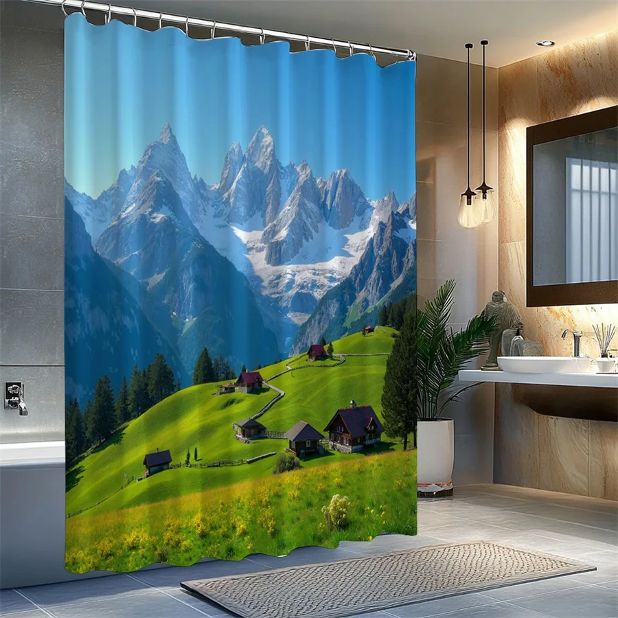 Alpine Mountain Landscape Shower Curtain, Green Meadow Village Print Waterproof Bathroom Decor, Scenic Nature Home Bath Screen