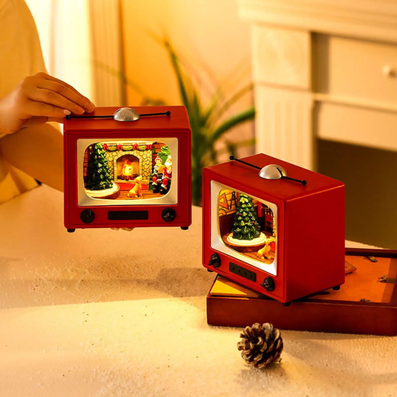 TV Shaped Christmas Desktop Ornament Retro Design Music Box with Santa Claus for Home Living Room Tabletop Decoration