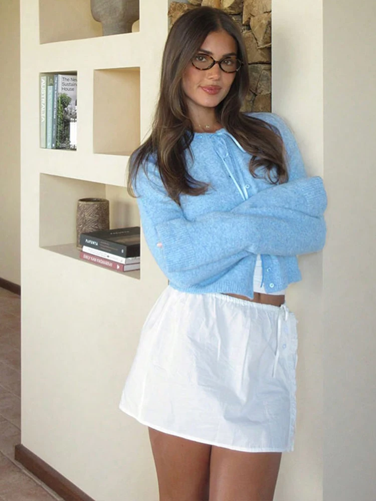 Nueva chaqueta de punto con cuello redondo y lazo de botón liso, ropa de otoño para mujer, suéter suave azul cálido, cárdigan de manga larga, Tops elegantes