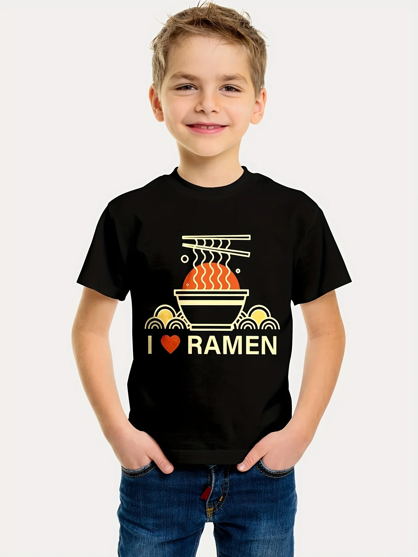 I LOVE RAMEN Printed Cute and Cute Casual Children's T-shirt Parent Child Trendy Creative Casual T-shirt Daily Wear