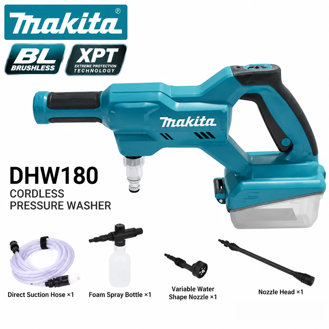 Makita Battery DHW180 18V LXT Cordless High Pressure Washer, 2.4MPa Portable Cleaning Machine, Self-Priming & 2 Pressure Modes