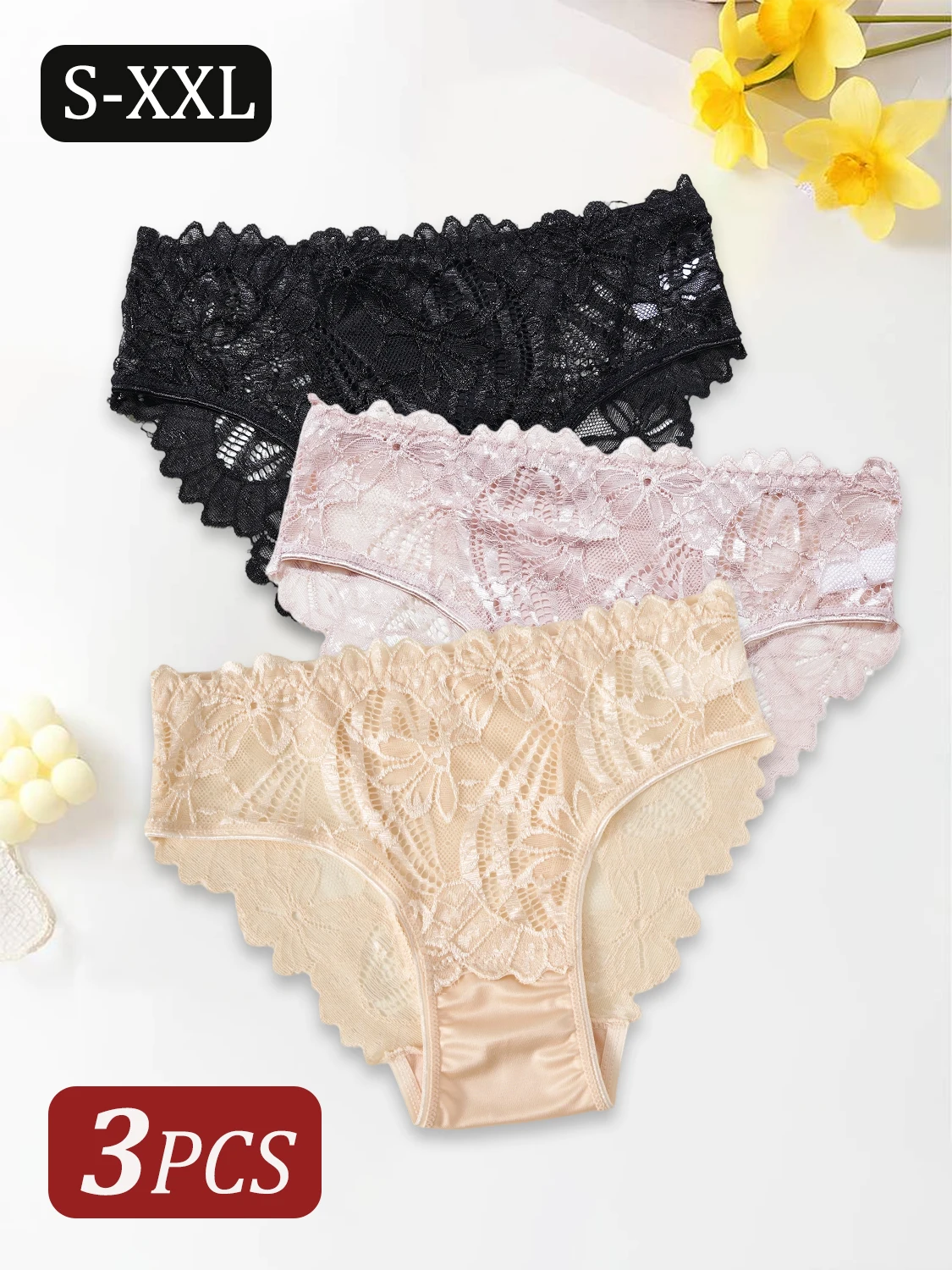3PCS Sexy Hollow Out Lace Design Panties Women's Elegant Lace Floral Trimmed Lingerie Solid Color Mid-Rise Briefs Female S-XXL