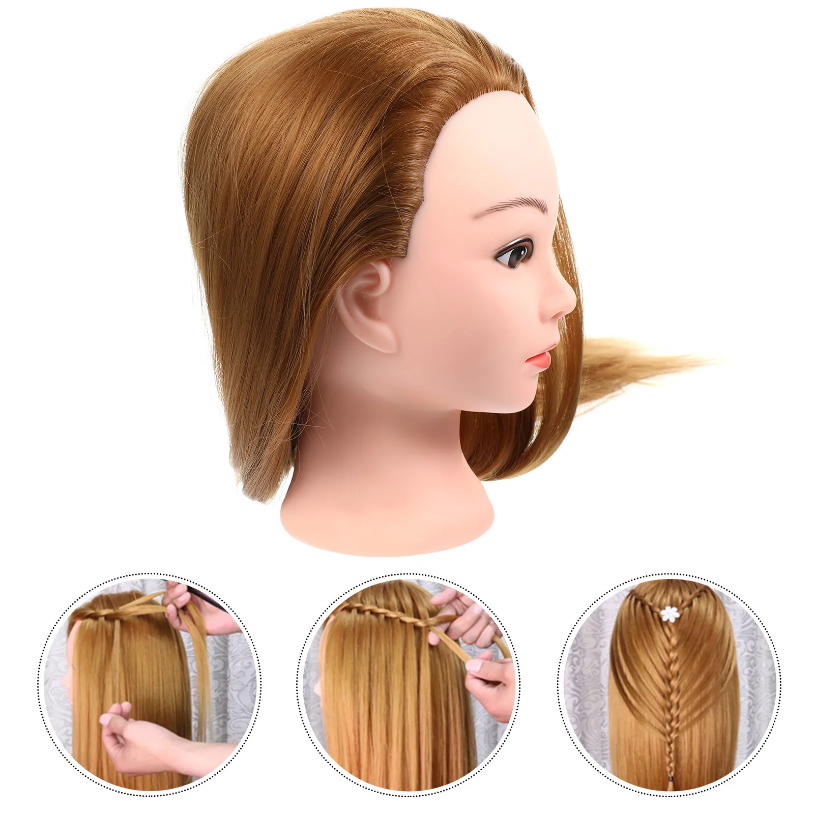 

Thick Human Hair Salon Mannequin For Hair Styling Training Medium Size Golden Braiding Stand Styling Head Hairdressing