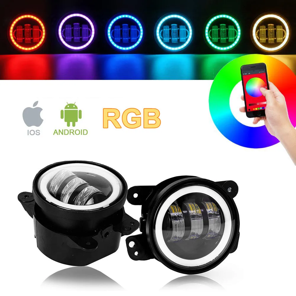 SXMA J023-5RGB، ضوء الضباب مع مصابيح المصد الأمامي DRL RGB فائقة السطوع 4 بوصة ضوء العمل للقيادة لسيارة جيب لرانجلر JK 07-17