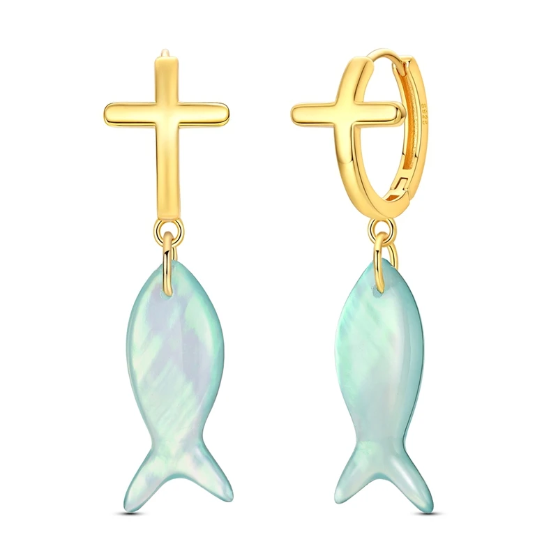 New 925 Sterling Silver Golden Cross Fish-shaped Shell Women Earrings Brilliant Wedding Engagement Star Earrings Jewelry Gift