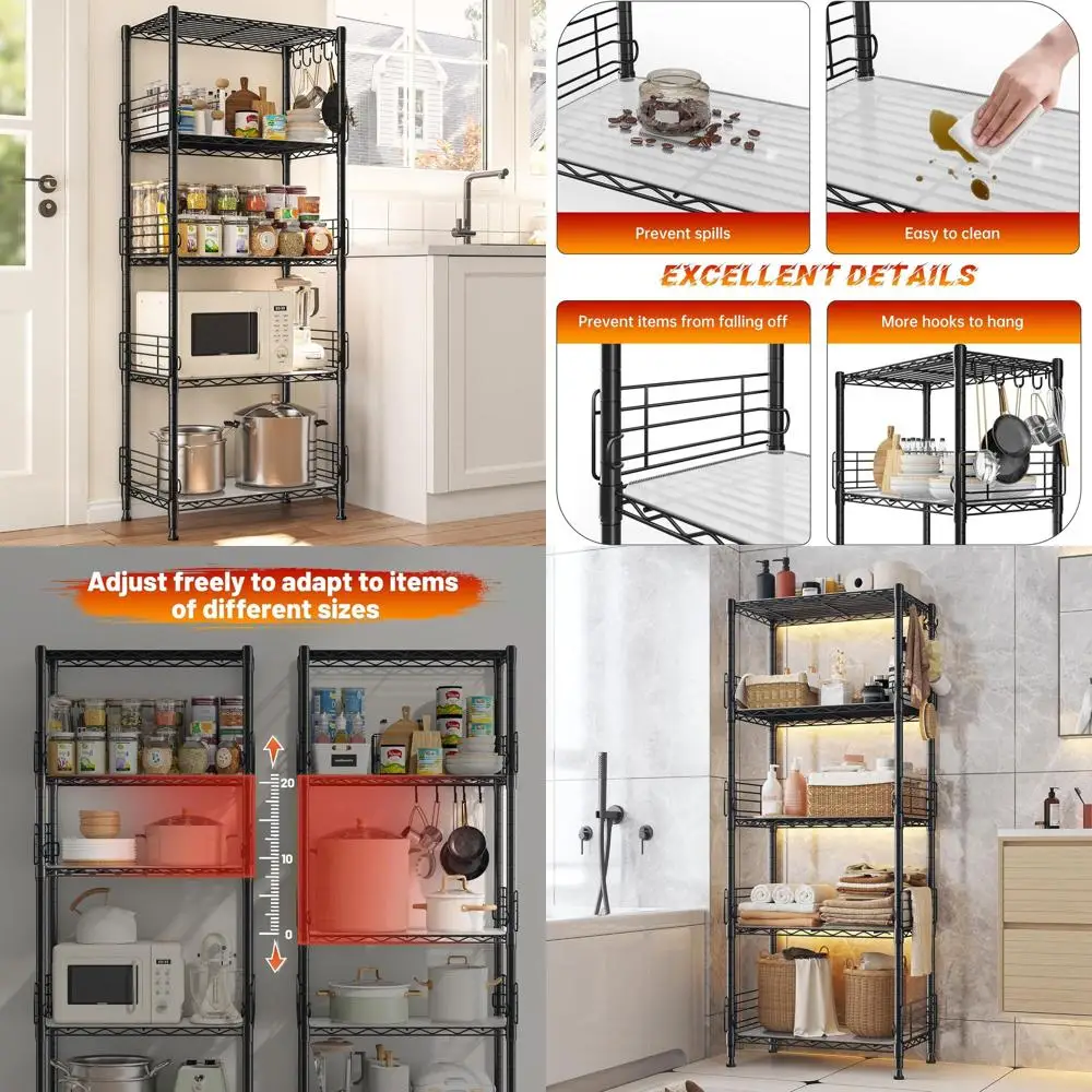 

Регулируемый 5-ярусный металлический стеллаж с крючками для хранения на кухне, в кладовой, ванной или гардеробной