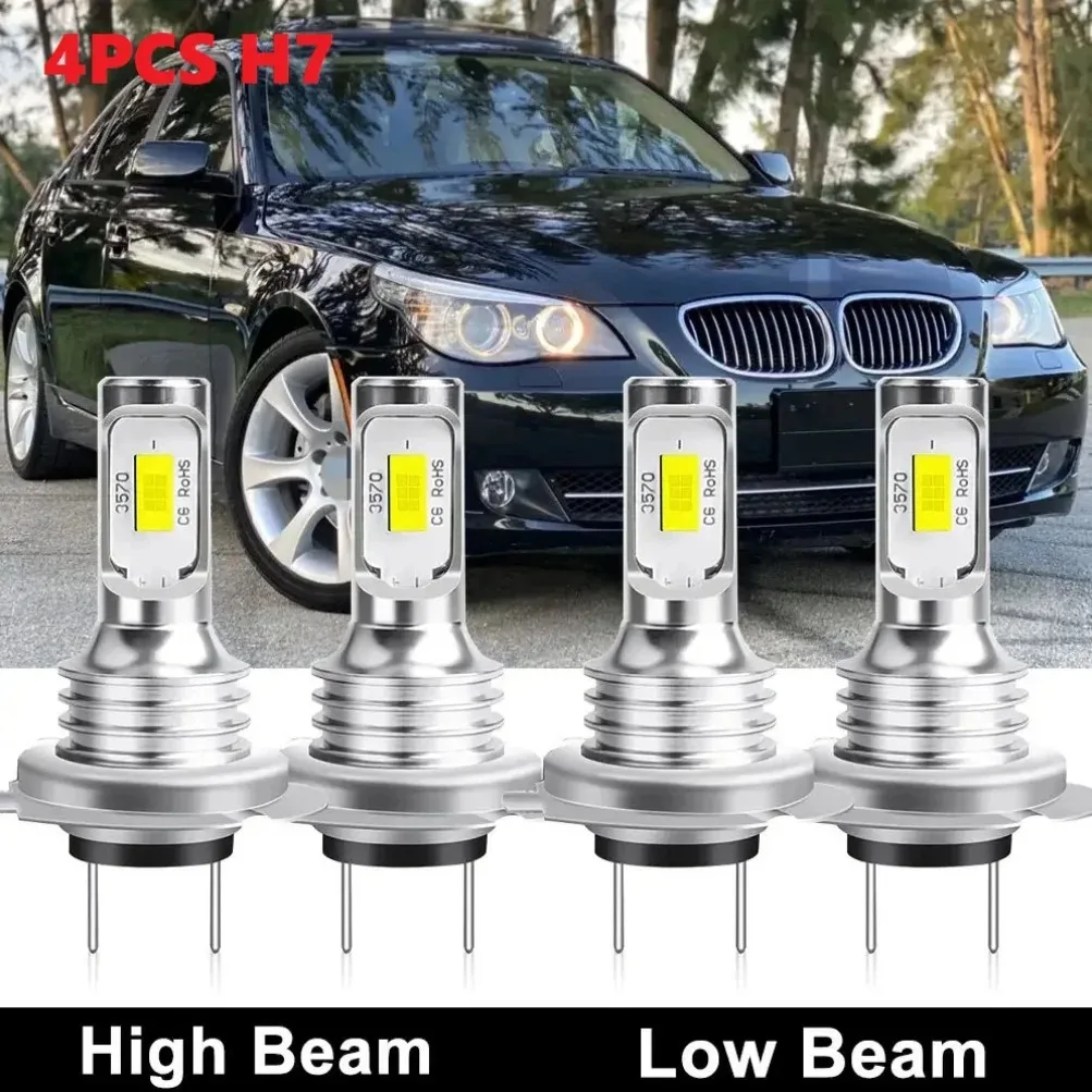 4PCS Canbus LED Car Headlight Bulbs H7 12V 6000K White Hi/Lo Beam Turbo Fan Auto Headlamp Fit Most Vehicles Replacement Lamps