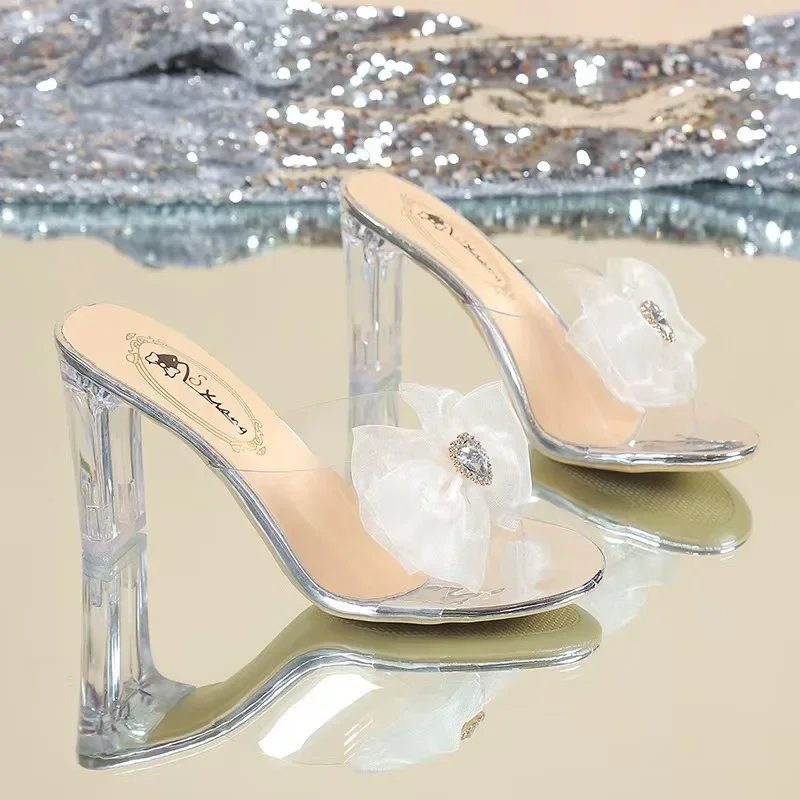 Three-Dimensional Flowers Slippers Summer Transparent Sandals Beach Shoes Thin High Heels Walk Show Crystal Party Women Shoes