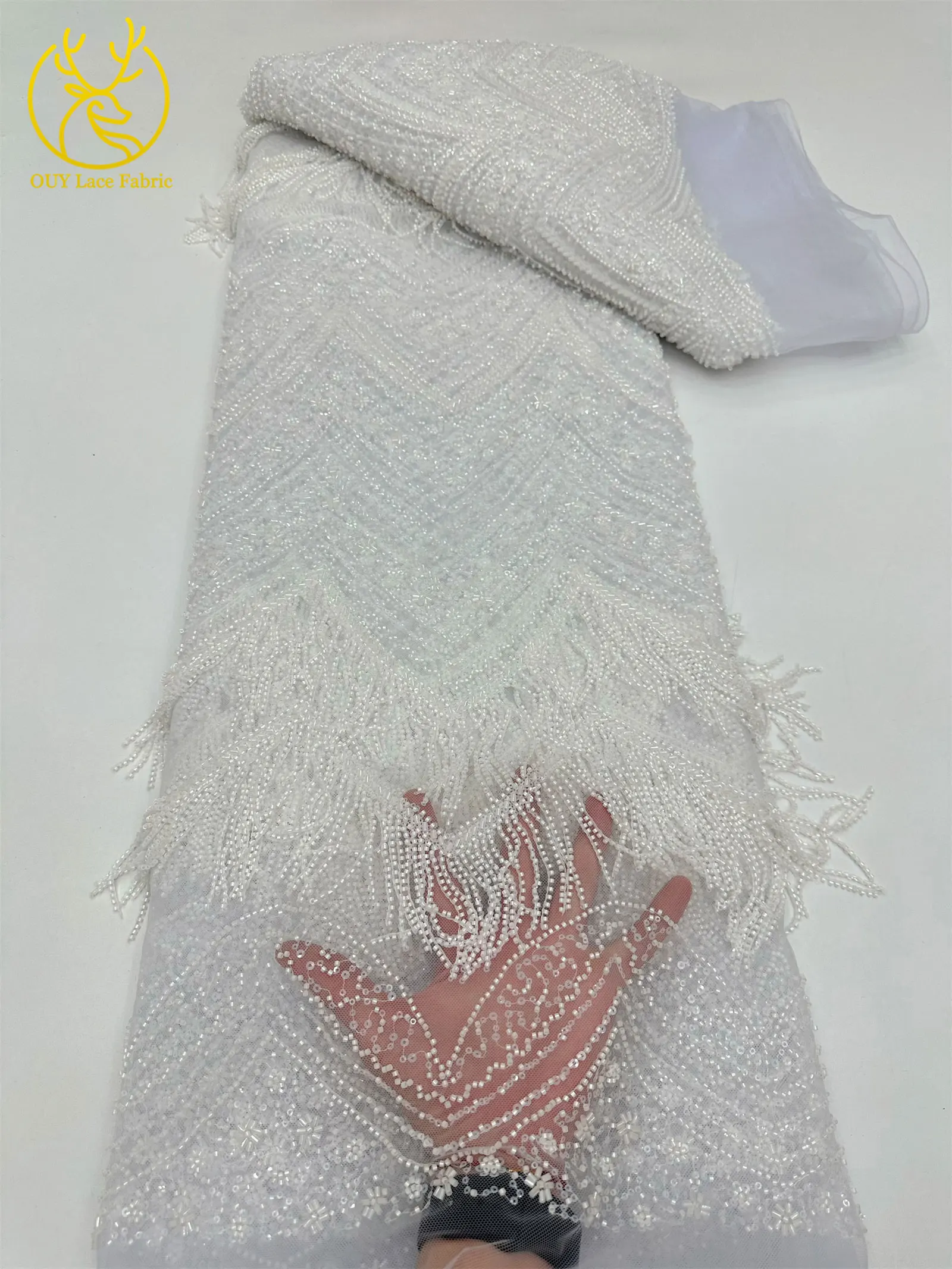 Hochwertiger 3D-Quasten-Perlen-Spitzenstoff, goldfarbener afrikanischer Perlen-Pailletten-Spitzenstoff, französische Tüllspitze für Hochzeitskleider, 5 Yards – Detail 23