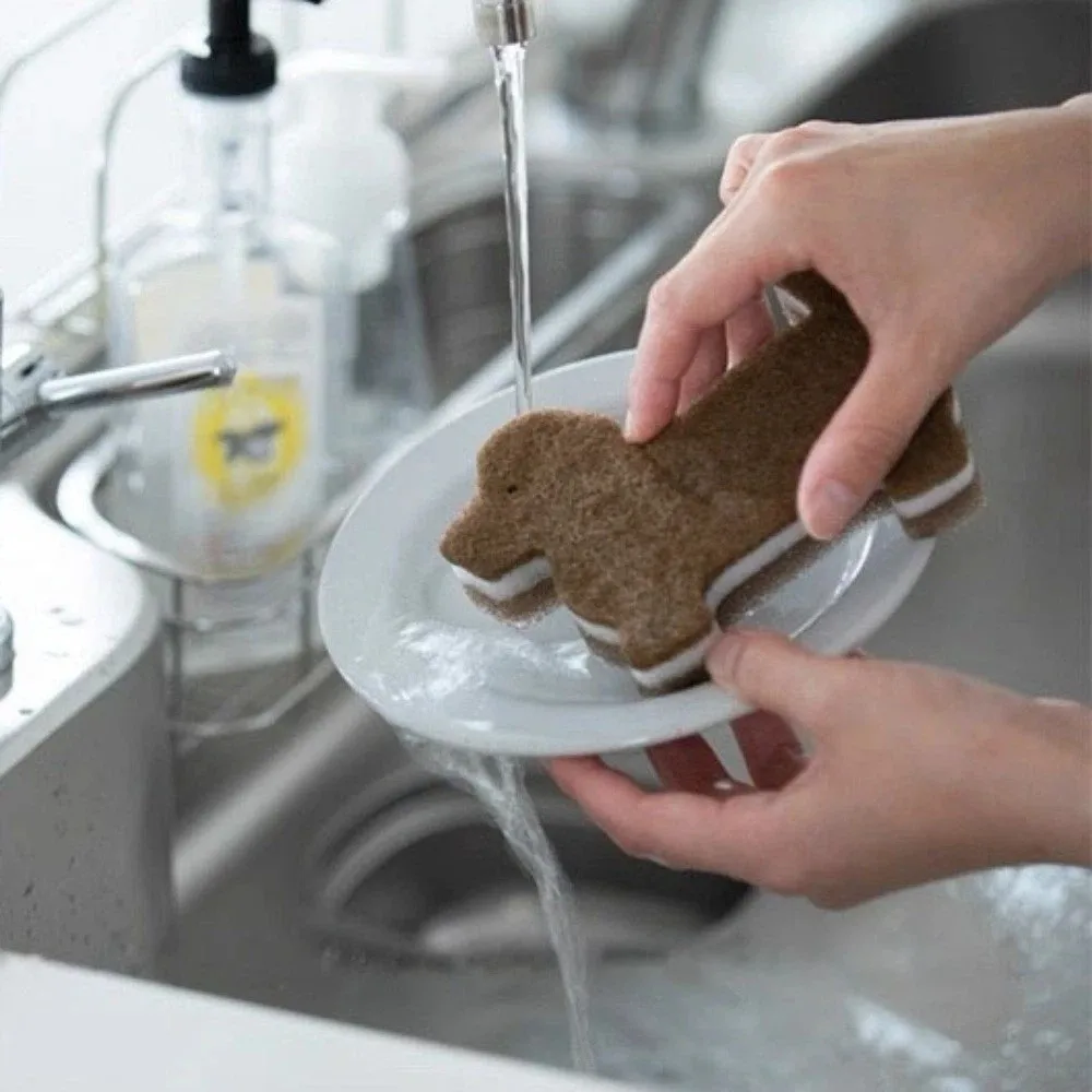 4pcs 3-Layer Dog Shape Sponge Scrubber Cartoon Non-Scratch Dual Sided Kitchen Brush Efficient Cleaning Oil Removal