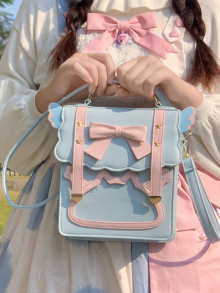 Mochila Kawaii transparente con lazo para niñas jóvenes, uniforme Jk, Bolsa Escolar, Lolita, Cosplay, bolso de hombro, monederos y manualidades