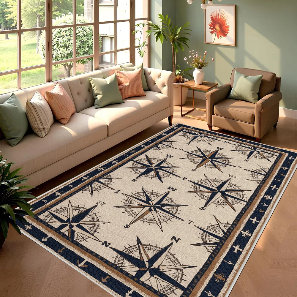 Compass Rudder Pattern Carpet Vintage Nordic Style Rug Indoor Bedroom Living Room Soft Decorative Door Mat