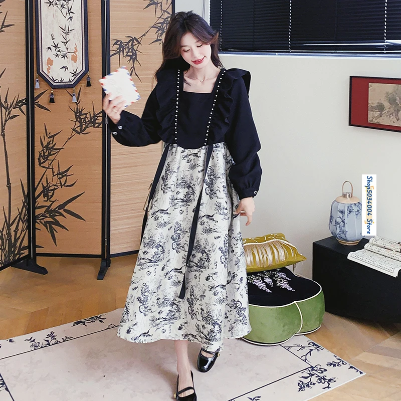 

Fashion Print Ruffles Ribbon Spliced Long Sleeve A-line Black Maxi Dress for Women Elegant Chic Big Swing Dresses Female 9623