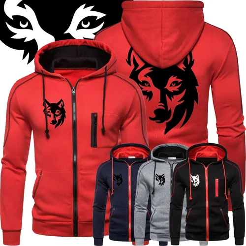 Sudadera con capucha de manga larga para hombre, chaqueta con cierre de cremallera, estampado de lobo divertido, Otoño e Invierno