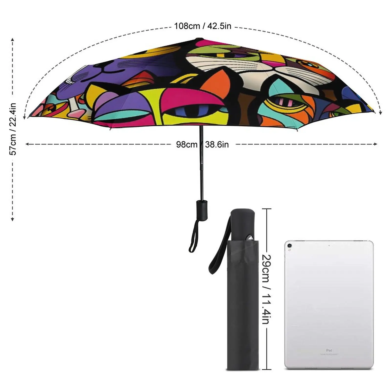 Colorful Bold Cat 8 Ribs Automatic Umbrella Abstract Animal Black Coat Umbrella Portable Wind Proof Umbrellas for Men Women