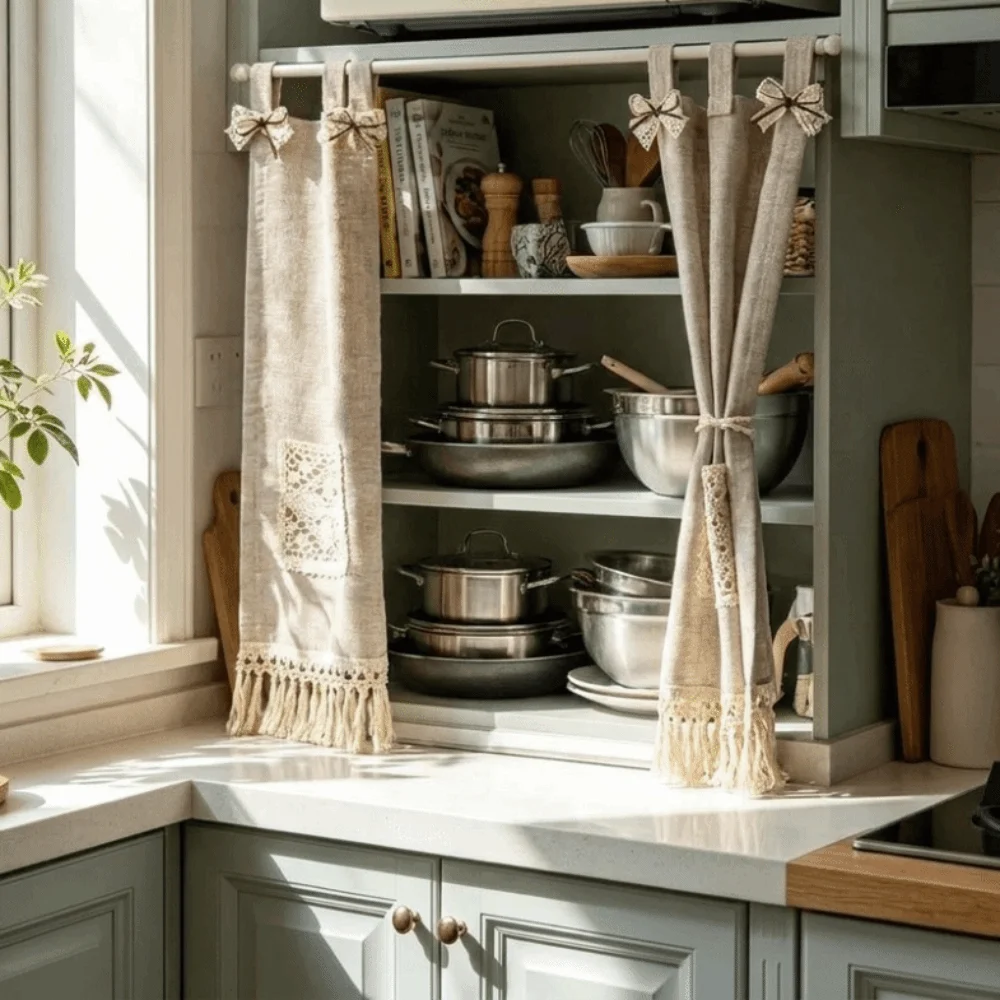 Modern Vintage Oven Cover Curtain Rustic Detachable Kitchen Stove Cover Skirt with Tassels with Pocket Cabinet Curtain Farmhouse