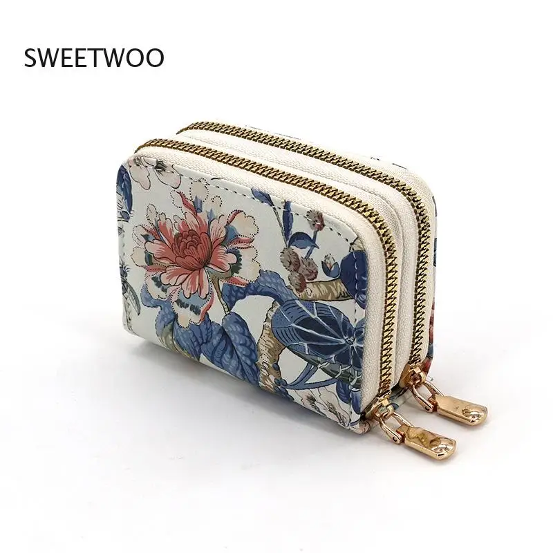 Floral Print Triple Zipper Card Holder, Small Pu Leather Coin Purse for Women