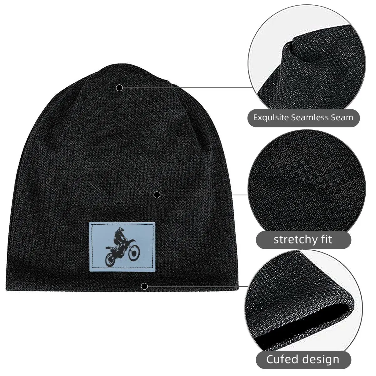 Moto X Dirt Bike Monotone Vector Art Waffle Knit Fleece Lined Beanie with PU Leather Patch Unisex Warm Winter Soft Cap