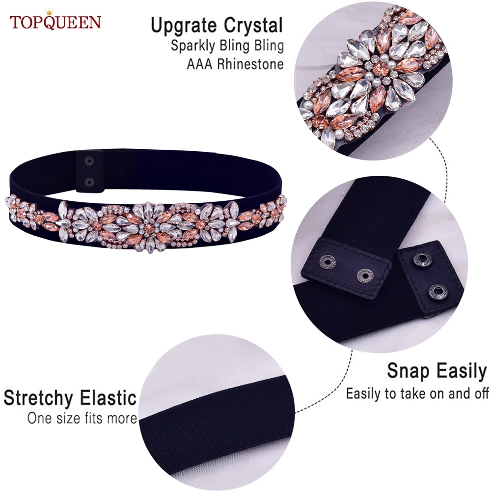 TOPQUEEN Women Dresses Elastic Belt Fashion Sparkly Rhinestone Stretch Waistband Travel Party Decoration Plus Size Customized