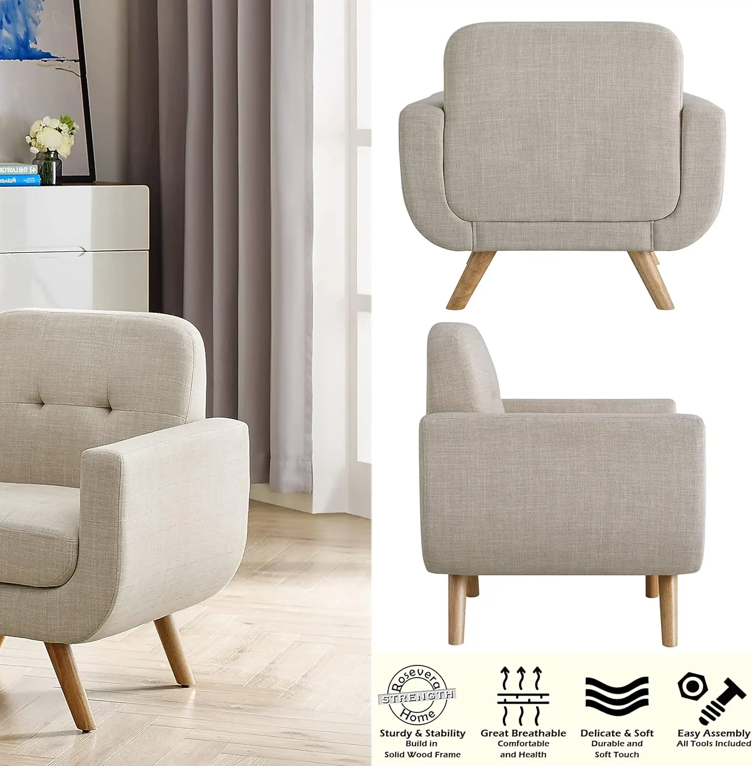 1 SEAT- Accent Armchair with Linen Upholstery for Living Room Beige Bathroom Cabinets.