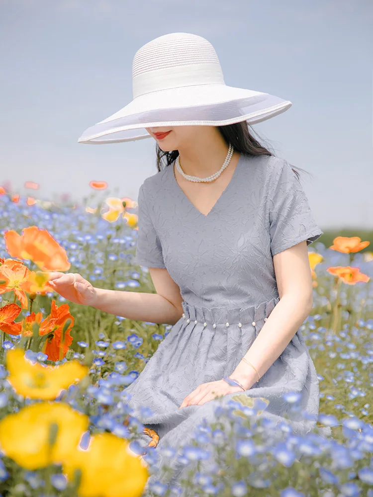 

Original High-End Casual Silk Dr Floral Embroidery Lightweight Breathable Summer A-Line Skirt V-Ne ort Sve Women's ...