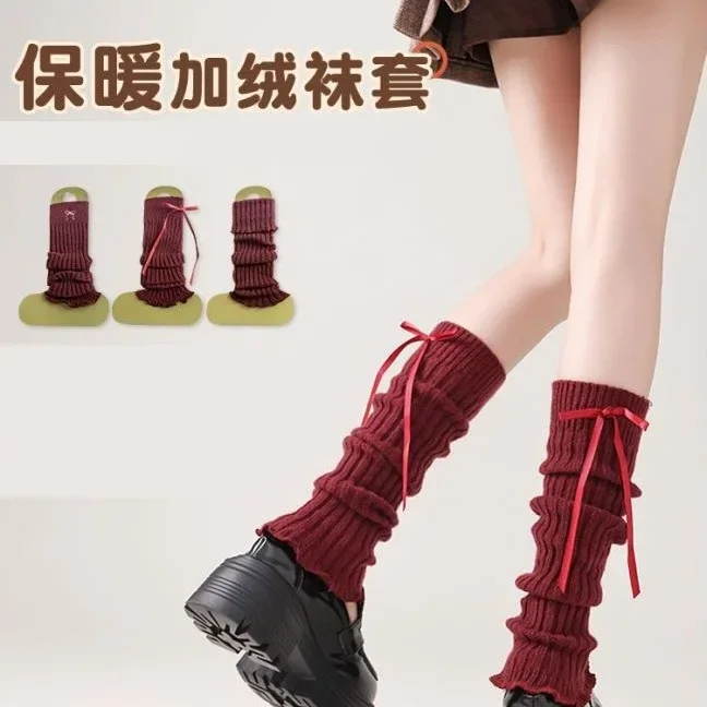 Red Christmas Knit Leg Warmers Lolita Kawaii Bow Boot Cover for Women Girls Japanese Style Frill Trim Long Socks