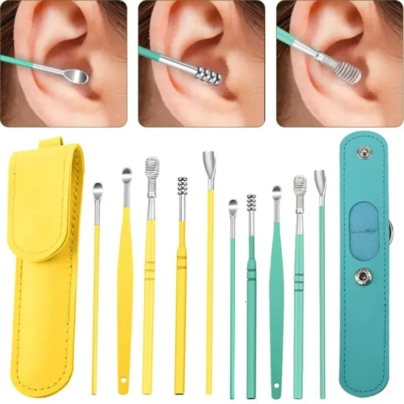 New 6Pcs/set Stainless Steel Ear Spong Pickers Earpick Wax Remover piercing kit earwax Curette Spoon Care Ear Clean Tool