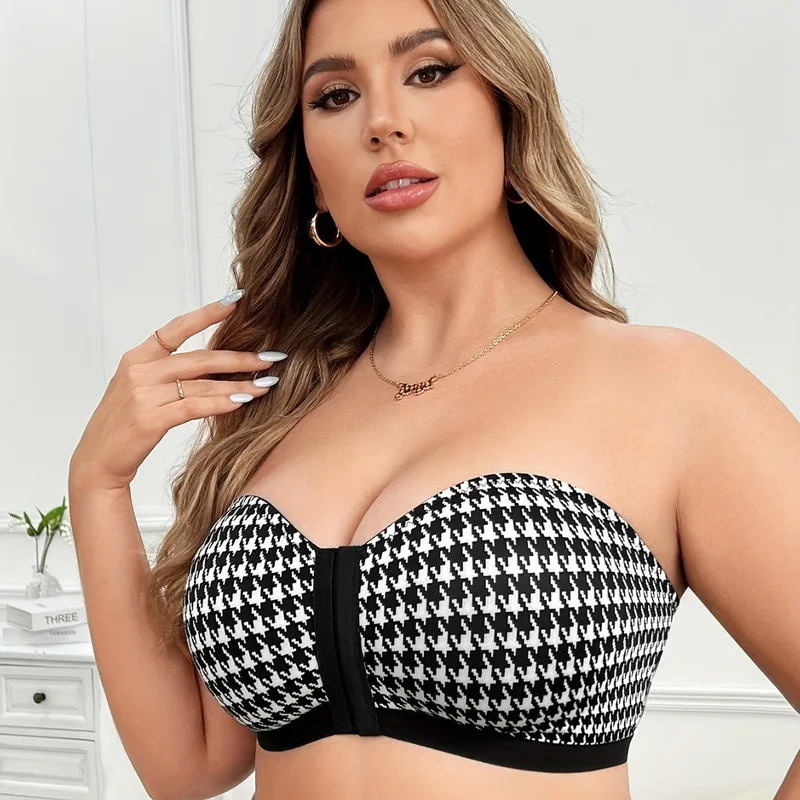 BH für Damen, trägerlos, Hahnentrittmuster, süßes Mädchen, kleine Brust, Push-up-Schnalle vorne, Anti-Durchhänger-BH ohne Bügel