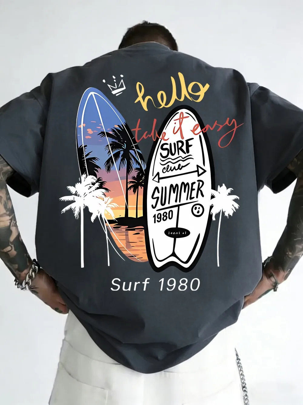 European and American men's summer surfboard landscape print micro elastic breathable round neck T-shirt outdoor casual top