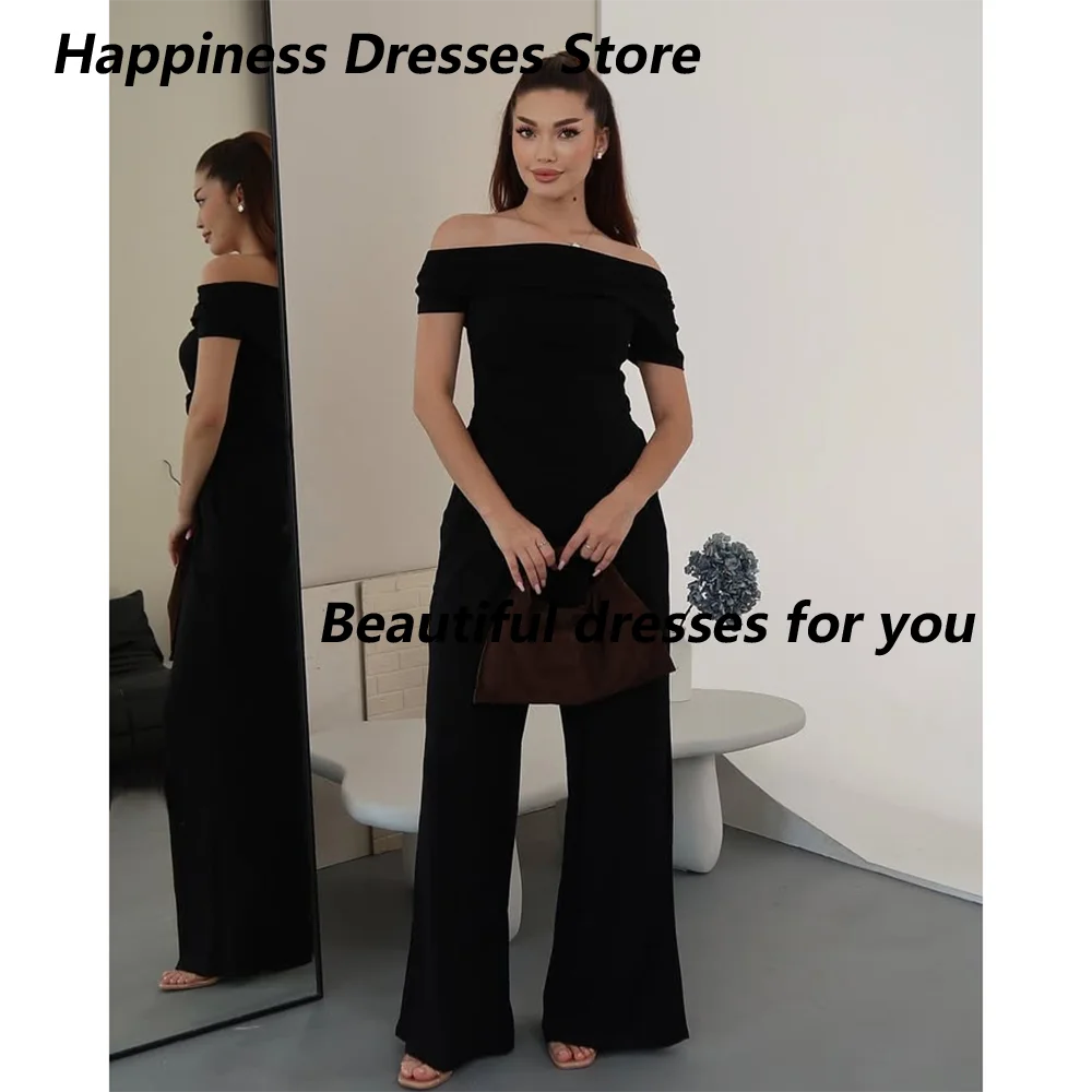 

Black Jumpsuit Evening Dress Customized Off Shoulder Boat Neck Casual Simple Dresses Long Jersey Prom Gown High Quality