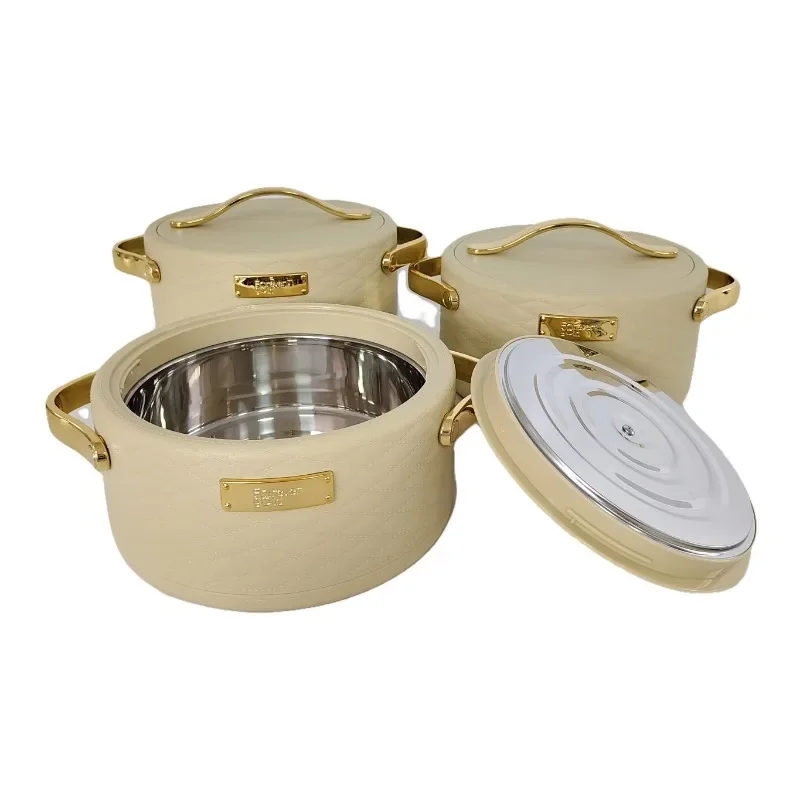 Modern Design Round Insulated Casserole Set 3 Gold Plated Metal Tableware Kitchen Camping Food Supply Hot Pot Use