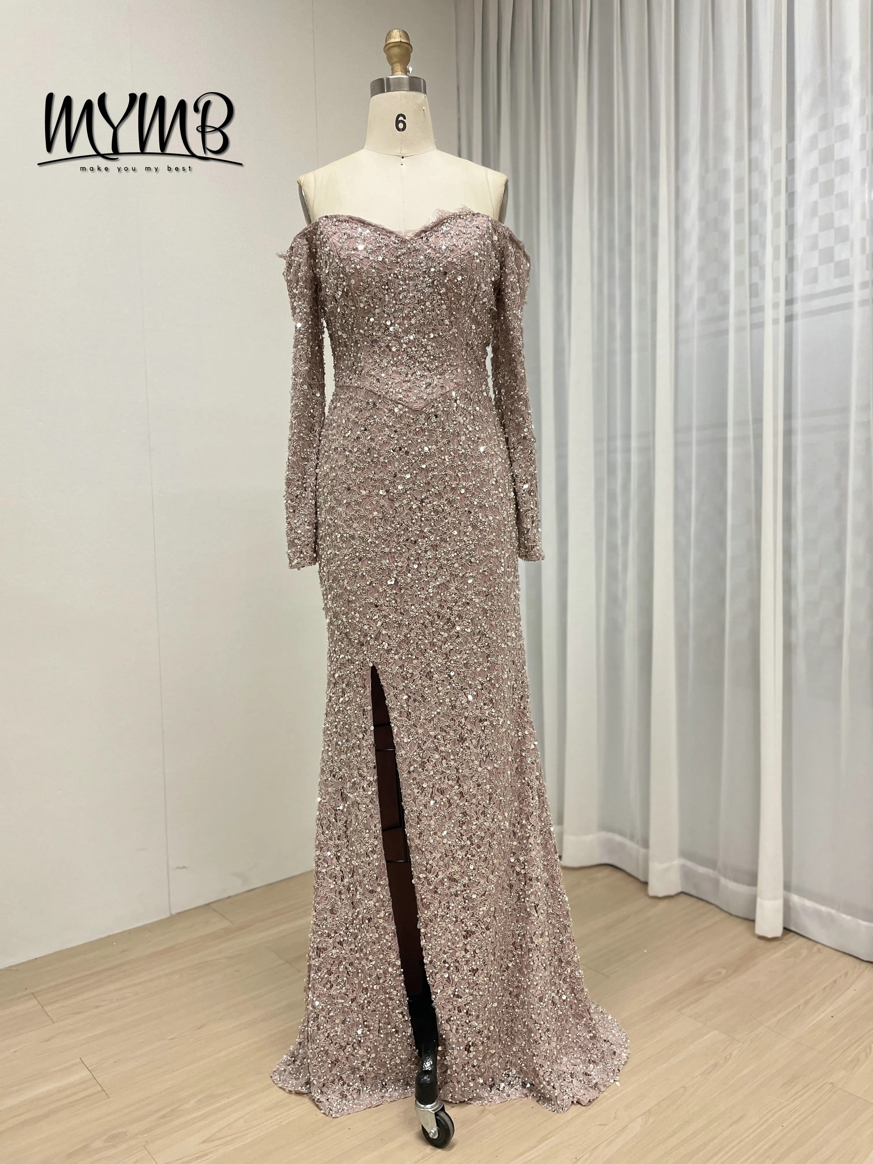 Mymb rosa vestidos femininos senhora elegante para chá alto mangas compridas sereia vestido de casamento formal luxo cristal frisado vestido my30170