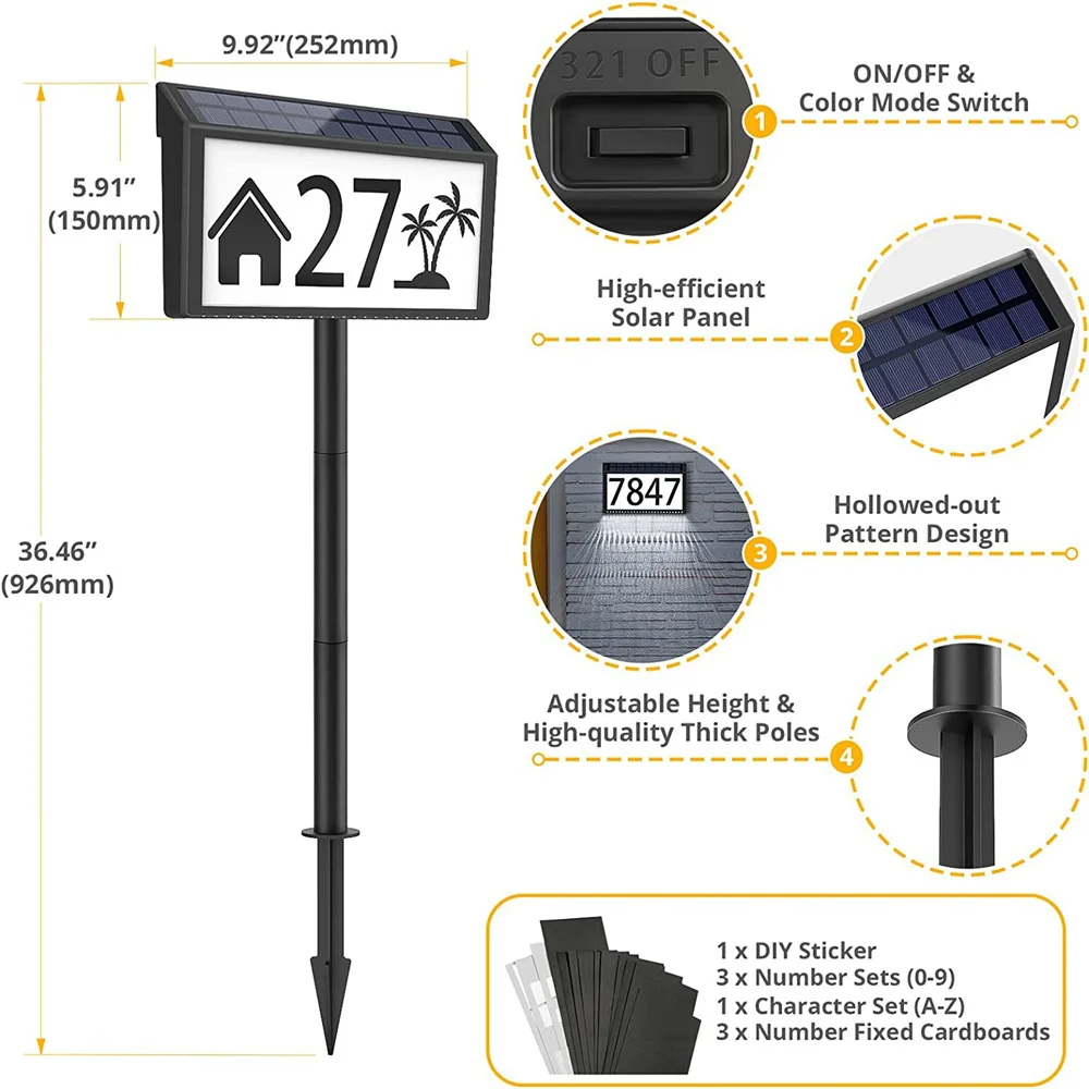 LED Solar Outdoor House Numbers Plaque Light Door Letter Numbers Address Sign Light with Stakes for Home Garden House Lighting