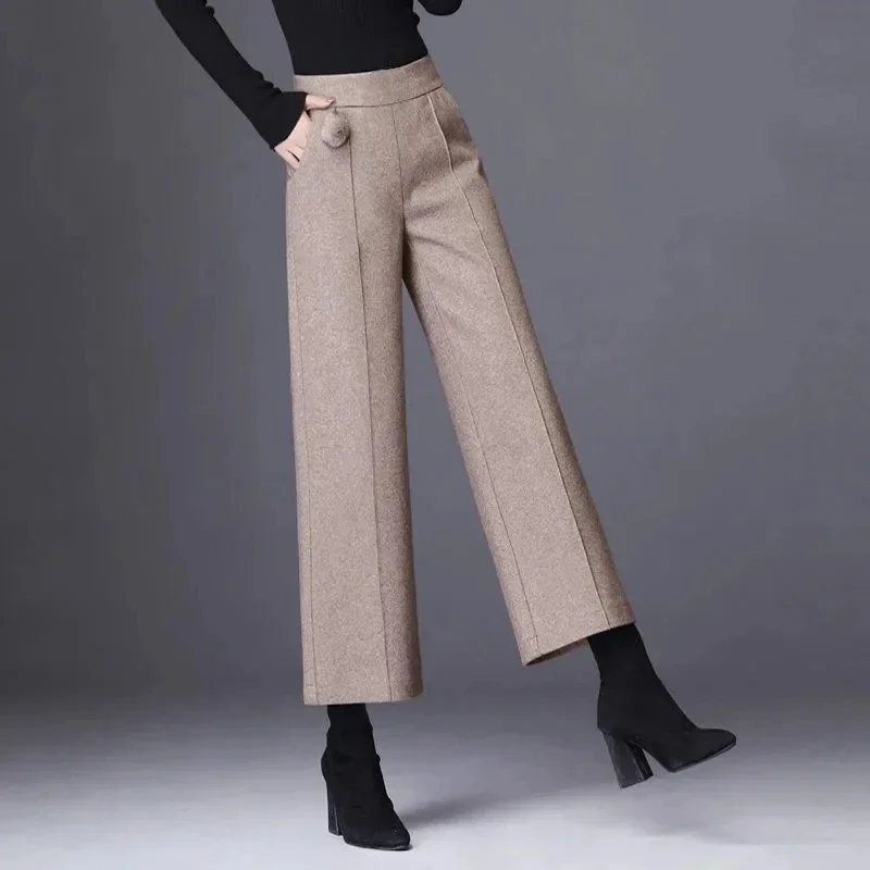 

Office Lady Woolen Wide Leg Pants Women Fall Wool Blend Baggy Pantalones Elegant Straight Elastic High Waist Trousers Z385