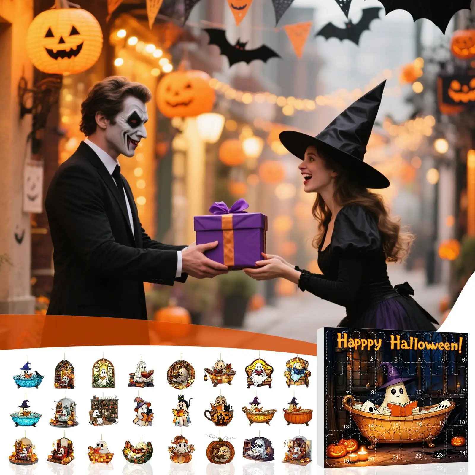 Calendario per il conto alla rovescia fantasma 2025 24 giorni 2025 Calendario di Halloween Avvento Ciondolo fantasma 2D Decorazioni natalizie per la parete del tendaggi di casa