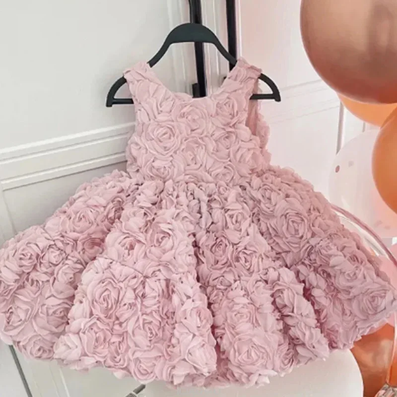 Wed Dress Costume Children Pink Girls Birthday Host 3D Floral Gown Vestido Matching Kids New Flower Girl Party Dresses Outfit