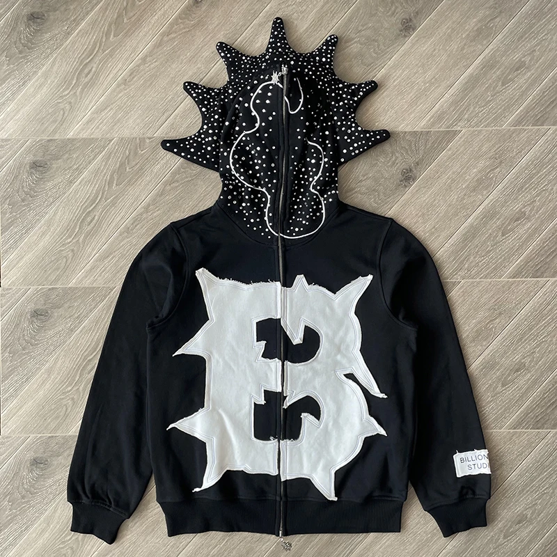 

Glo Gang BLUTO CROWN BODY BAG Embroidered Cartoon Rhinestone Zipper Hoodie Straight Leg Open Cardigan Sle for Couples