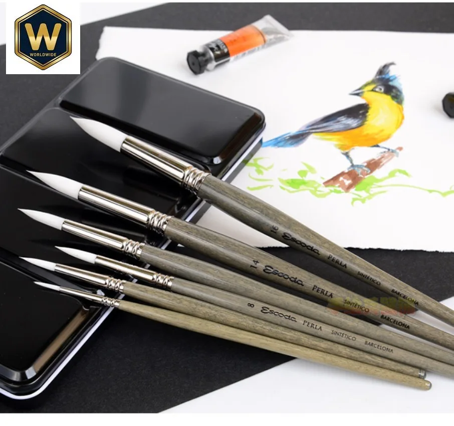1PCS Escoda Perla Series 1430 Artist Paint Brush - Toray Pointed Round, Short Handle, Synthetic White Filament for Watercolor