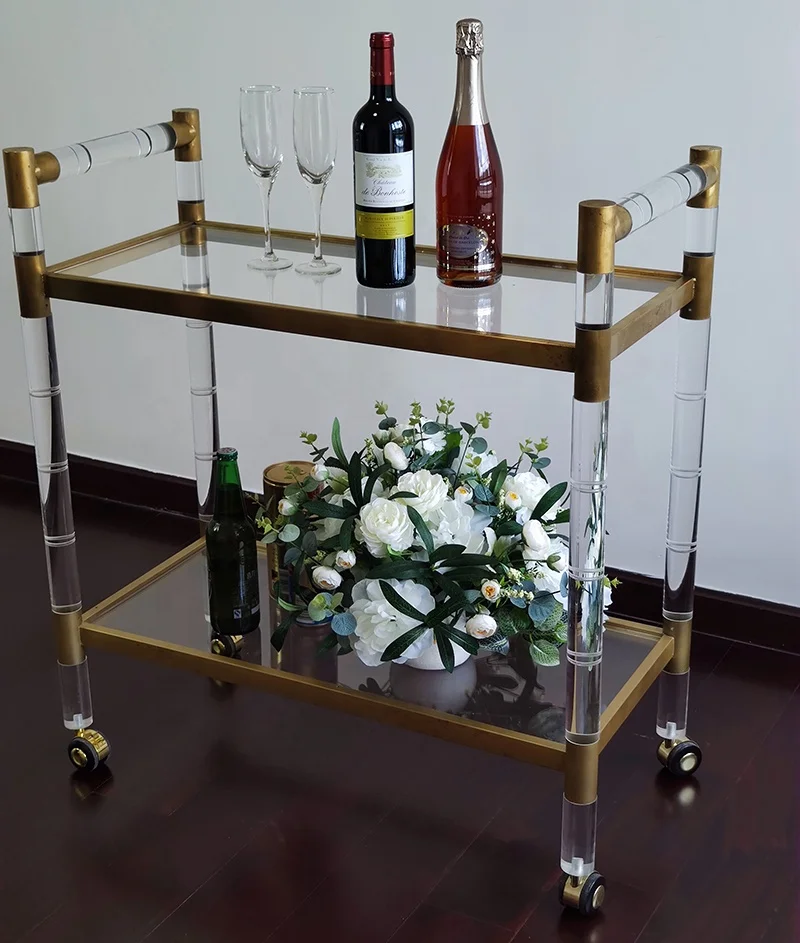 Hot Sale Customizable Rolling Trolley Liquor Acrylic Cart Gold Acrylic Bar Cart