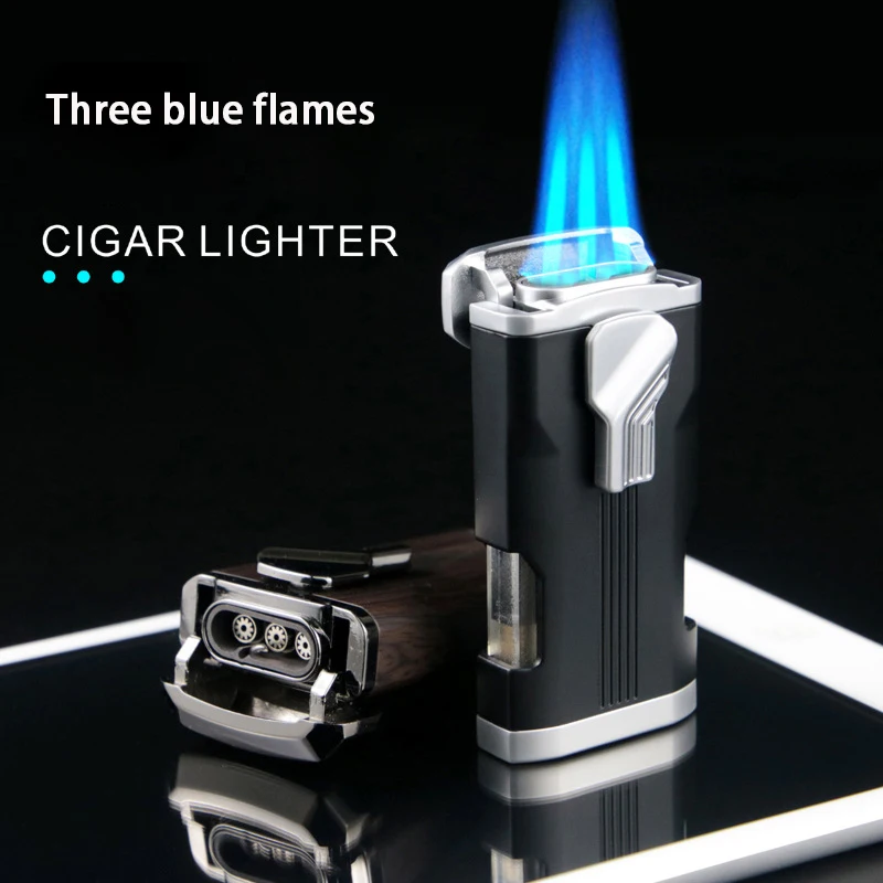 Wholesale High Quality Three Blue Fire Jet Torch Lighter With Cigar Cutter Windproof High Power Gas Lighter For Cigar