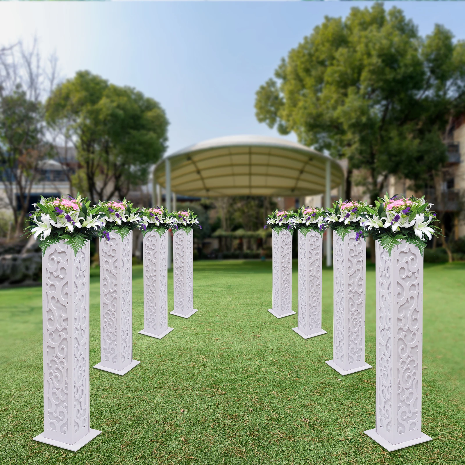 

8 Pcs PVC Foam Board Flower Columns with 8 LED Lights Wedding Carved Pillar Flower Girl Basket Cute Cherish Wedding Decor White