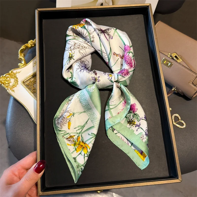

70cm Luxury Print Silk Square Scarf Women Hijab Hair Bands Neckerchief Female Satin Shawl Ribbon Headband Fashion Wraps Bandana
